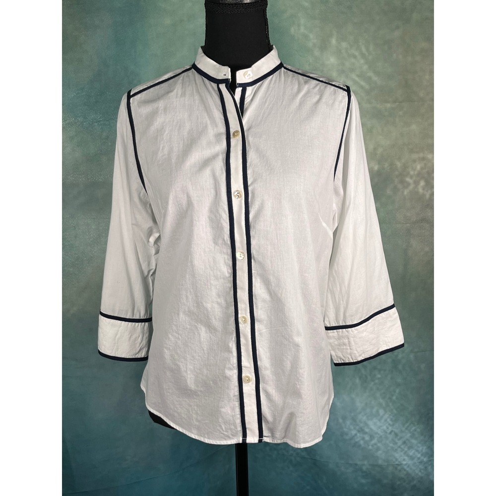Gretchen Scott White Cotton Mandarin Collar Shirt Navy‎ Trim 3/4 Sleeve Large